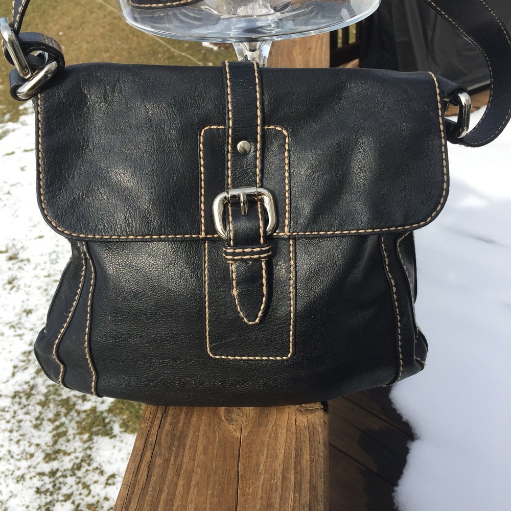 Black Fossil Crossbody bag with Tan stitching